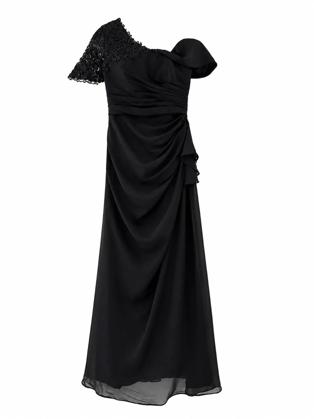 Black Chiffon One Shoulder Gown Corset Lace Back Wedding Guest Formal Dress Sz 4 - Picture 8 of 10